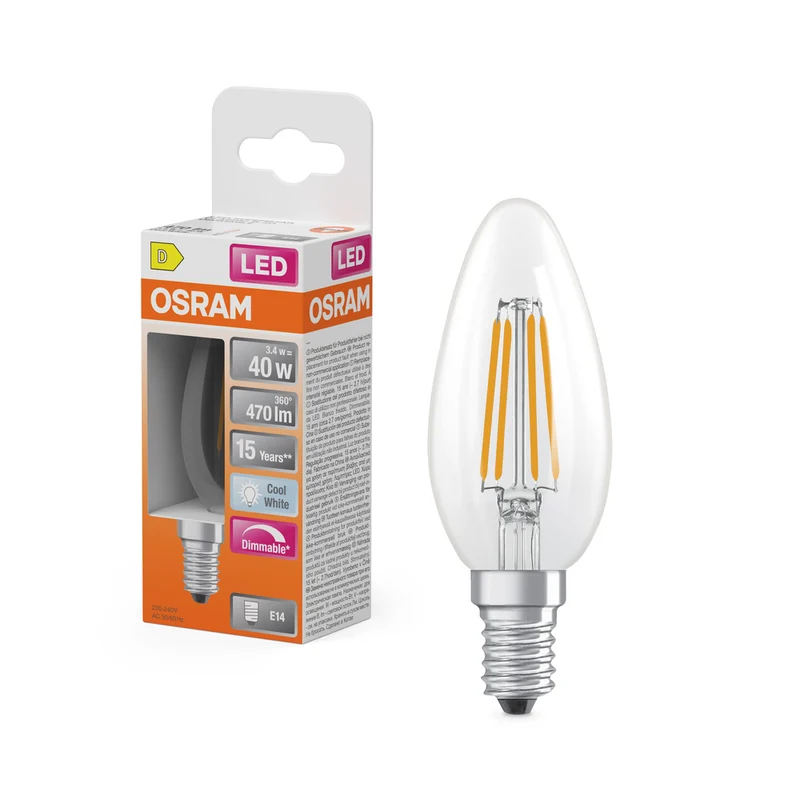 Lámpara LED OSRAM Retrofit Classic B, forma de vela, mate, regulable (ex 40 W), 5 W/4000 K, blanco frío, E14