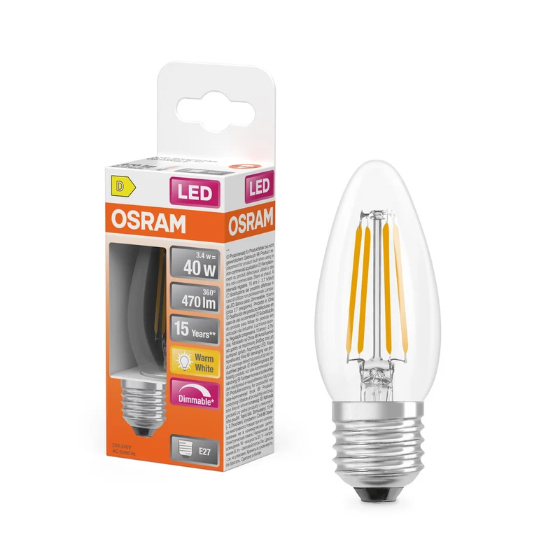 Lámpara LED OSRAM LED Retrofit CLASSIC B DIM 4,8W 827 Transparente E27, 470 lm, 2700 K, blanco cálido