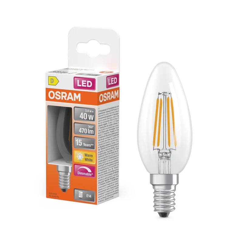 Lámpara LED OSRAM Retrofit Classic B, forma de vela, regulable (ex 40 W), 5 W/2700 K, blanco cálido, E14