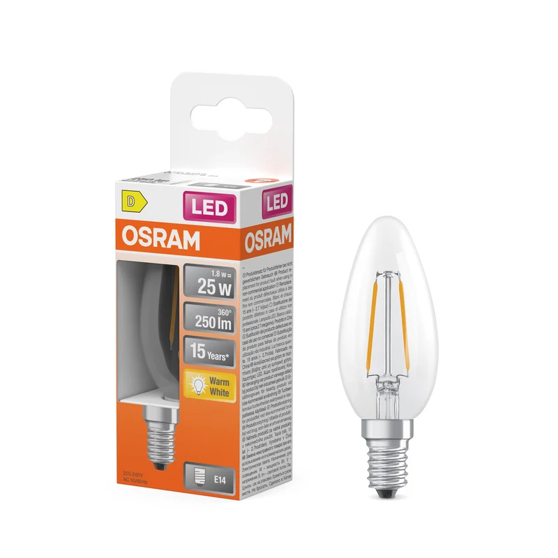 Lámpara LED OSRAM Retrofit Classic B con forma de vela (ex 25W) 2,5W / 2700K Blanco cálido E14