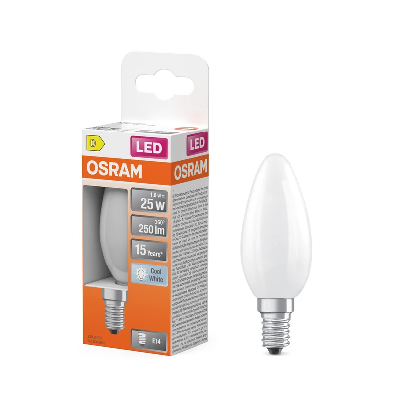 Lámpara LED OSRAM Retrofit Classic B, forma de vela, mate (ex 25 W), 2,5 W/4000 K, blanco frío, E14