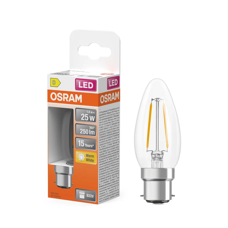 Lámpara LED OSRAM LED Retrofit CLASSIC B 2,5W 827 Clear B22d, 250 lm, 2700 K, blanco cálido
