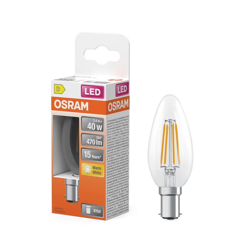 Lámpara LED OSRAM Retrofit CLASSIC B 4W 827 Clear B15d, 470 lm, 2700 K, blanco cálido