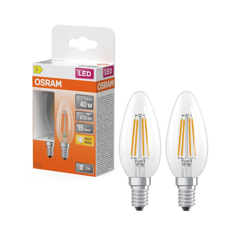 Bombillas LED OSRAM, forma clásica de mini vela, equivalente a 40 W, E14, forma B, 2700 Kelvin, blanco cálido, vidrio transparente, paquete de 2