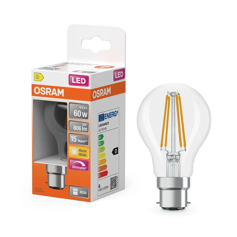 Lámpara LED OSRAM Retrofit CLASSIC A DIM 7W 827 Clear B22d, 806 lm, 2700 K, blanco cálido