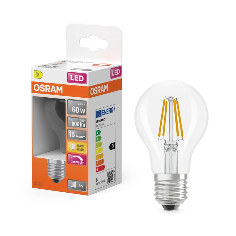 Bombillas LED regulables OSRAM, forma clásica, equivalente a 60 W, E27, forma A, 2700 Kelvin, blanco cálido, vidrio transparente, paquete individual