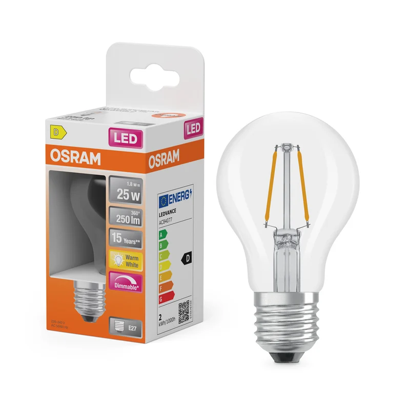 Lámpara LED OSRAM LED Retrofit CLASSIC A DIM 2,2W 827 Transparente E27, 250 lm, 2700 K, blanco cálido
