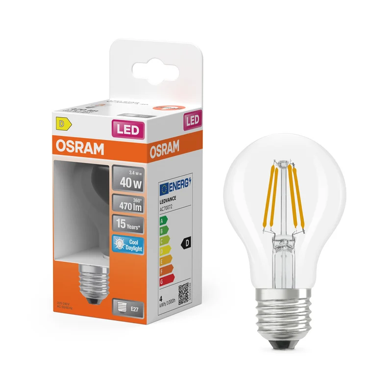 Lámpara LED OSRAM Retrofit Classic A transparente (ex 40W) 4,5W / 6500K Blanco frío E27