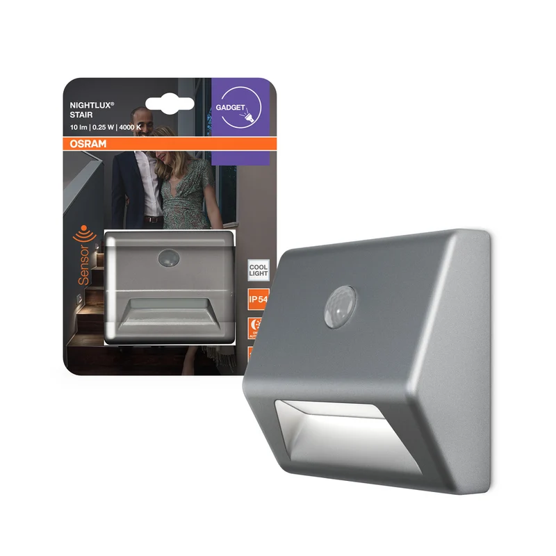 OSRAM LED NIGHTLUX Lámpara de escalera a pilas, sensor de movimiento, sensor día/noche, blanco frío, 28,0 mm x 84,0 mm x 73,0 mm, gris