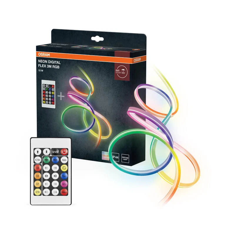 Tiras LED multicolores para exterior OSRAM Neon Digital Flex 3M RGB + RC de silicona, protección IP44, iluminación indirecta y directa para jardín y balcón