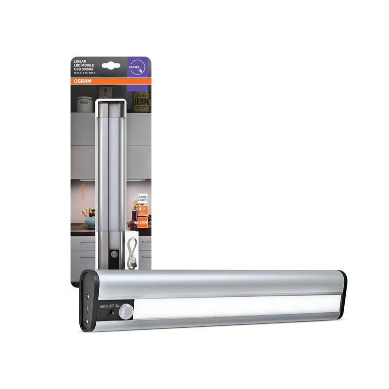 Lámpara LED OSRAM a batería, luz interior, sensor de movimiento, sensor día/noche, blanco frío, 300,0 mm x 50,0 mm x 22,0 mm, LED lineal móvil USB
