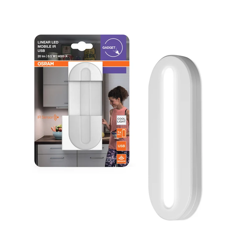 Lámpara LED lineal OSRAM para debajo del gabinete, con batería móvil, USB, sensor, 0,5 W/4000 K, blanco frío