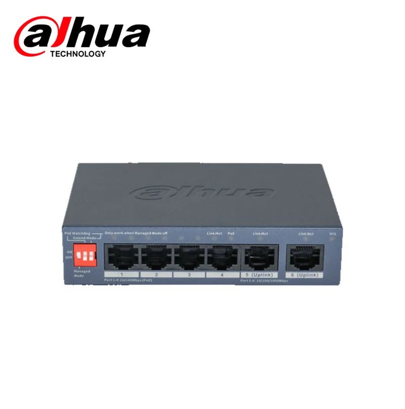 Switch Cloud, Dahua, PoE Gigabit 4 puertos, 2 uplink, 10/100/1000Mbps potencia total PoE de 36W CS40064ET2GT36 Marca: Dahua