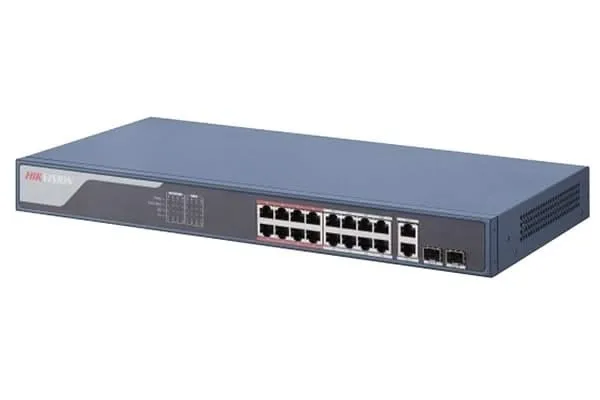 Conmutador gestionado inteligente Hikvision DS-3E1318P-EI, 16 puertos PoE, 100 Mbit, 230 W, 2 puertos de enlace ascendente Gigabit RJ45/SFP
