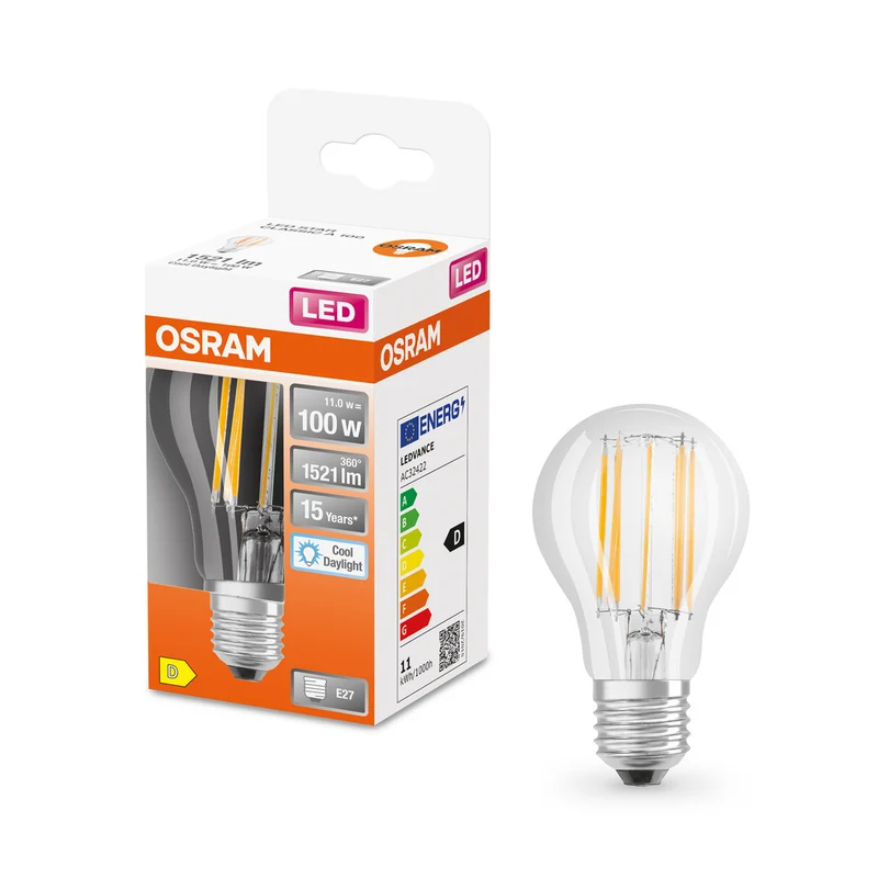 Lámpara LED OSRAM LED Retrofit CLASSIC A 11W 865 Transparente E27, 1521 lm, 6500 K, Luz diurna fría