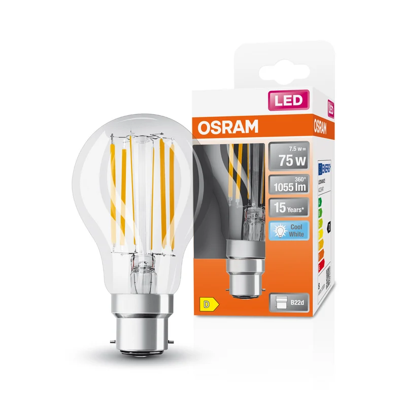 Lámpara LED OSRAM LED Retrofit CLASSIC A 7,5W 840 Clear B22d, 1055 lm, 4000 K, blanco frío