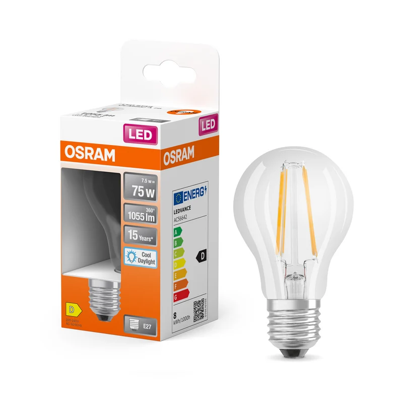 Lámpara LED OSRAM LED Retrofit CLASSIC A 6,5 W 865 Transparente E27, 806 lm, 6500 K, Luz diurna fría