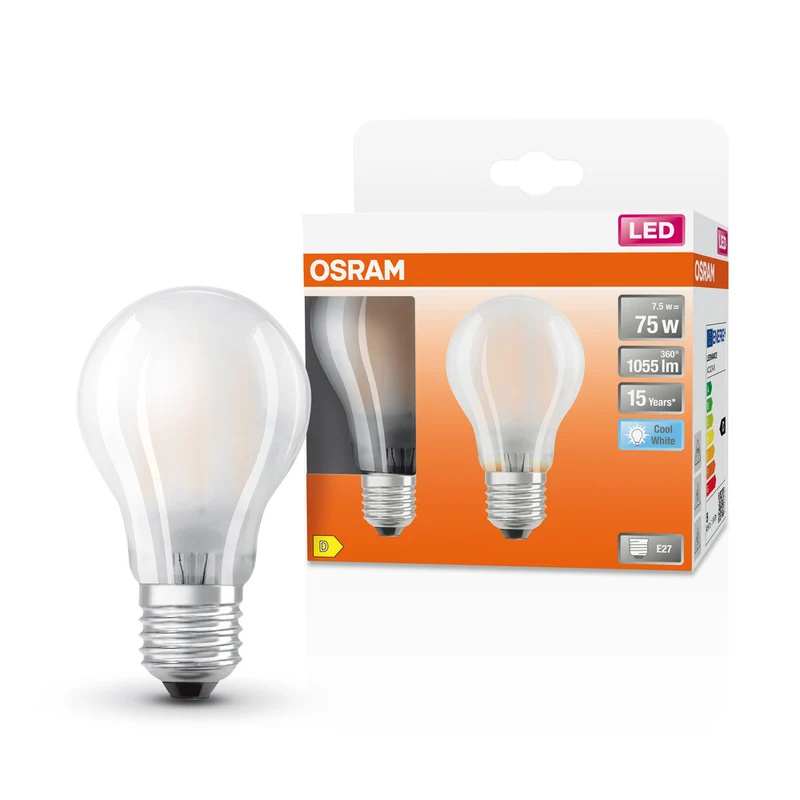 Lámpara LED OSRAM LED Retrofit CLASSIC A 7,5 W 840 Frosted E27 paquete de 2, 1055 lm, 4000 K, blanco frío