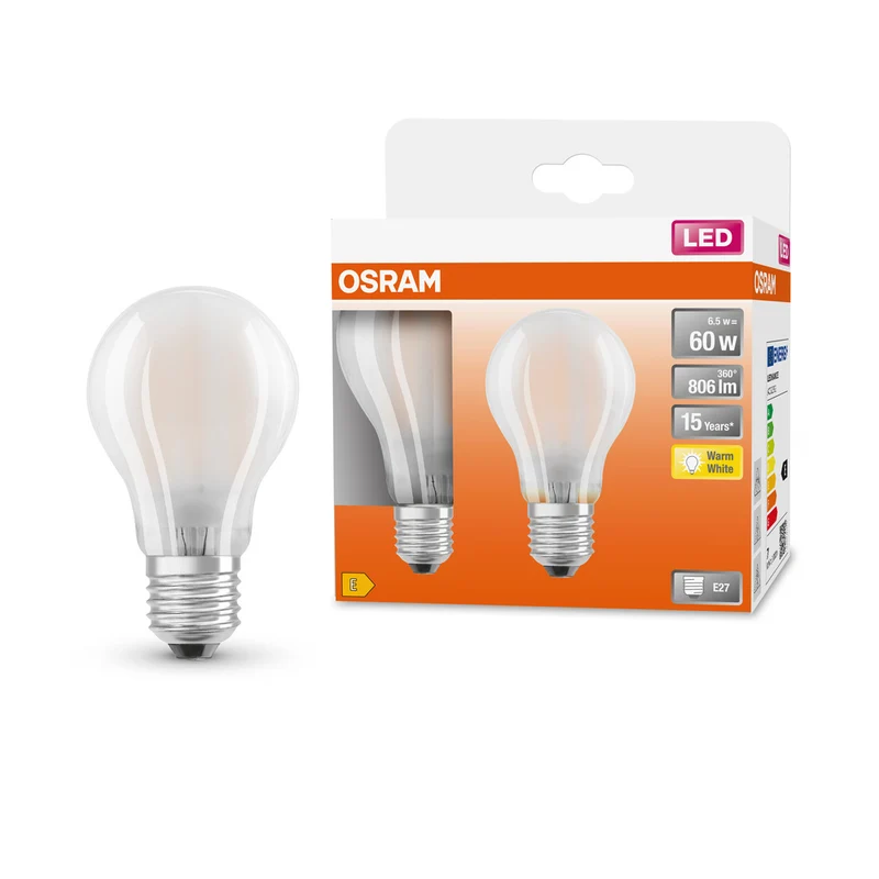 Lámpara LED OSRAM LED Retrofit CLASSIC A 6,5 W 827 Frosted E27, 806 lm, 2700 K, blanco cálido, paquete de 2