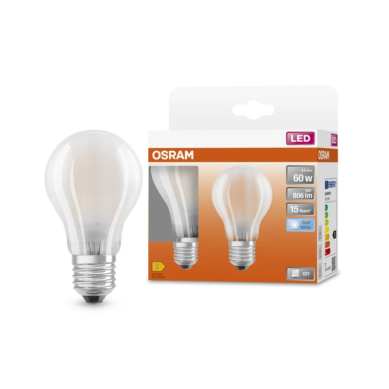 Lámpara LED OSRAM LED Retrofit CLASSIC A 6,5 W 840 Frosted E27, 806 lm, 4000 K, blanco frío, paquete de 2