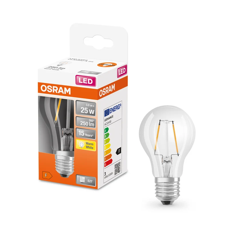 Lámpara LED OSRAM LED Retrofit CLASSIC A 2,5W 827 Transparente E27, 250 lm, 2700 K, blanco cálido