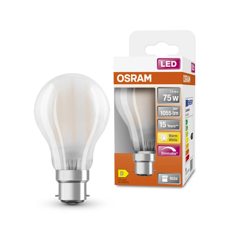 Lámpara LED OSRAM Retrofit CLASSIC A DIM 7,5W 827 Frosted B22d, 1055 lm, 2700 K, blanco cálido