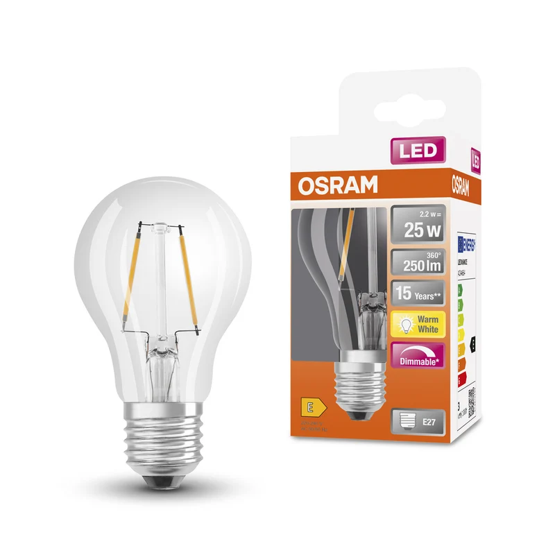 Lámpara LED OSRAM LED Retrofit CLASSIC A DIM 2,2W 827 Transparente E27, 250 lm, 2700 K, blanco cálido