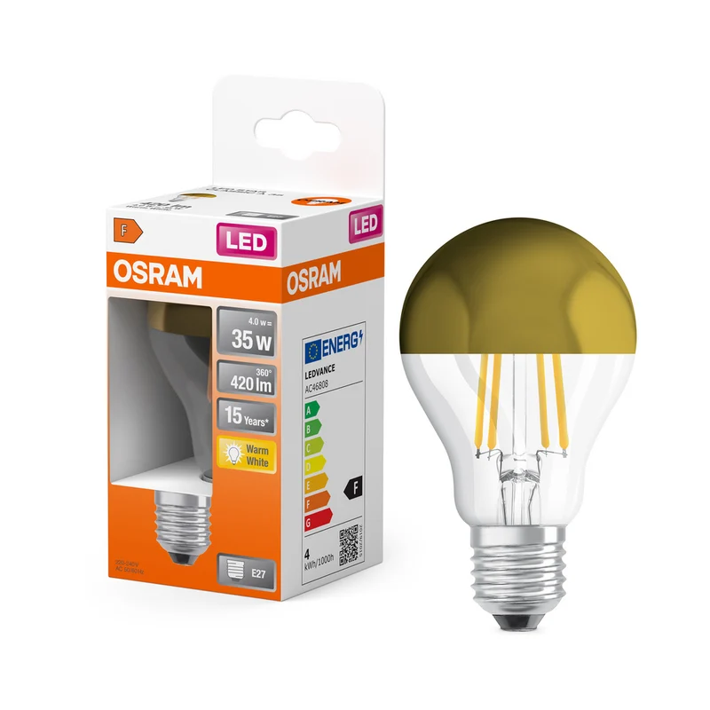 Lámpara LED OSRAM LED Retrofit CLASSIC A Mirror 4W 827 Clear E27 Gold, 400 lm, 2700 K, blanco cálido