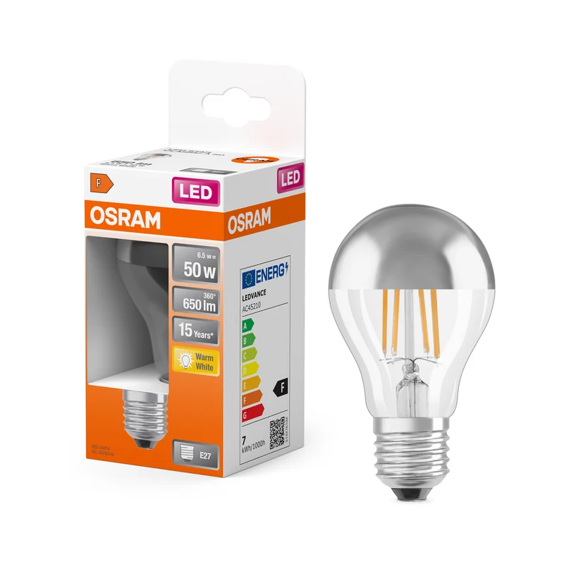 Lámpara LED OSRAM LED Retrofit CLASSIC A Mirror 6,5W 827 Plata E27, 650 lm, 2700 K, blanco cálido