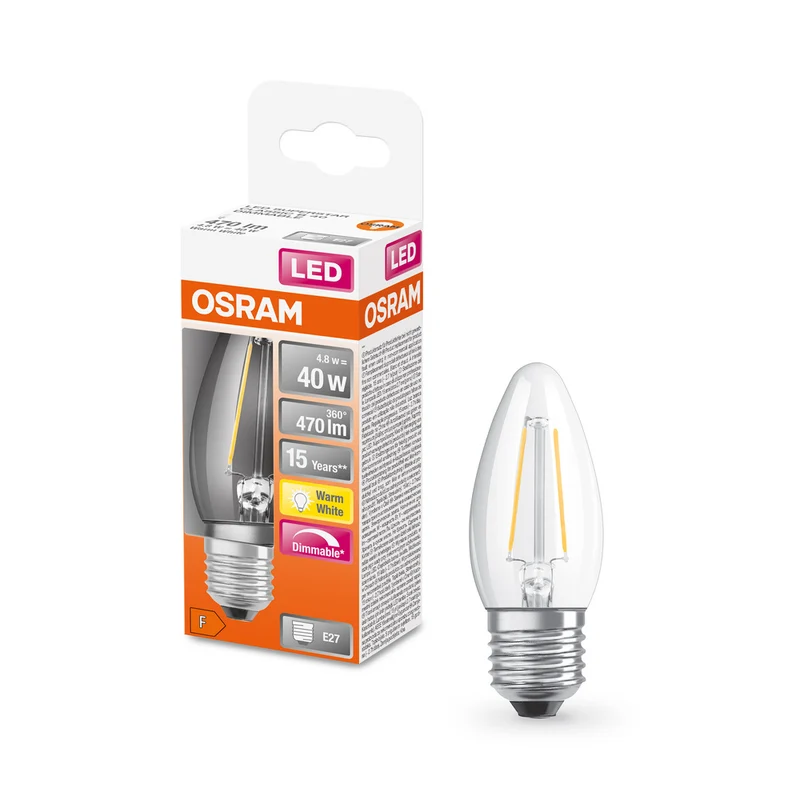 Lámpara LED OSRAM LED Retrofit CLASSIC B DIM 4,8W 827 Transparente E27, 470 lm, 2700 K, blanco cálido