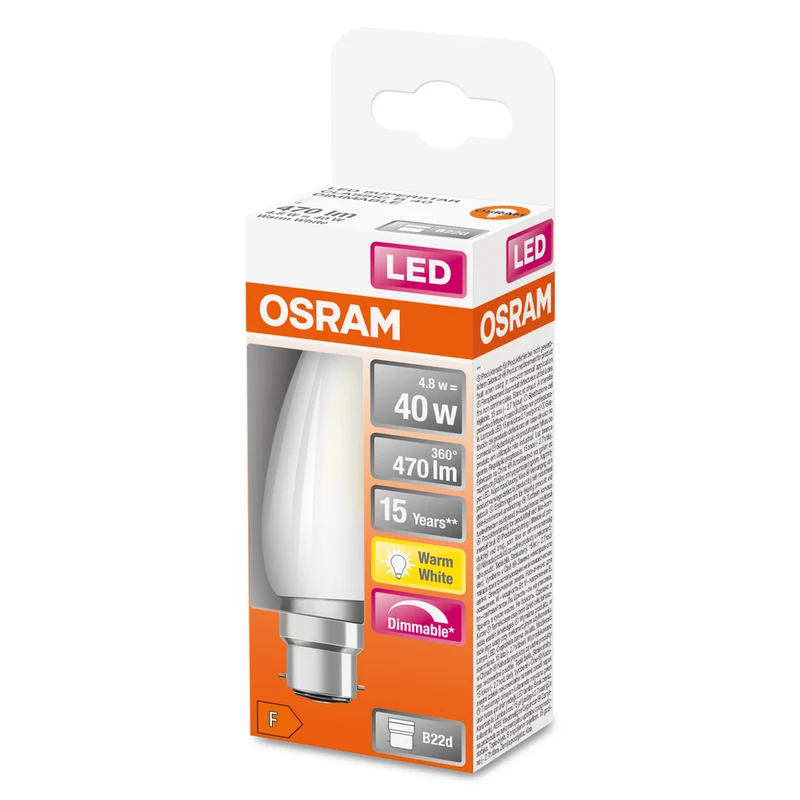 Lámpara LED OSRAM Retrofit CLASSIC B DIM 4,8W 82 Frosted B22d, 470 lm, 2700 K, blanco cálido