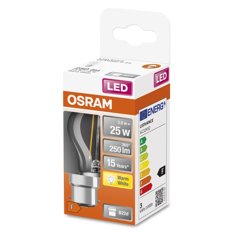 Lámpara LED OSRAM LED Retrofit CLASSIC P 2,5W 827 Clear B22d, 250 lm, 2700 K, blanco cálido