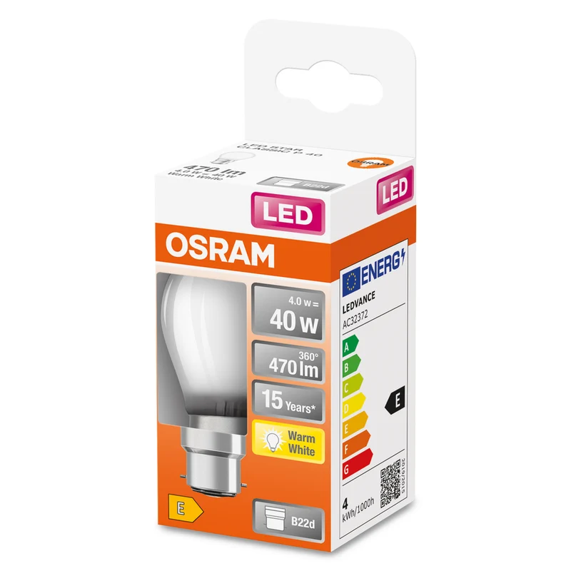 Lámpara LED OSRAM Retrofit CLASSIC P 4W 827 Frosted B22d, 470 lm, 2700 K, Blanco cálido