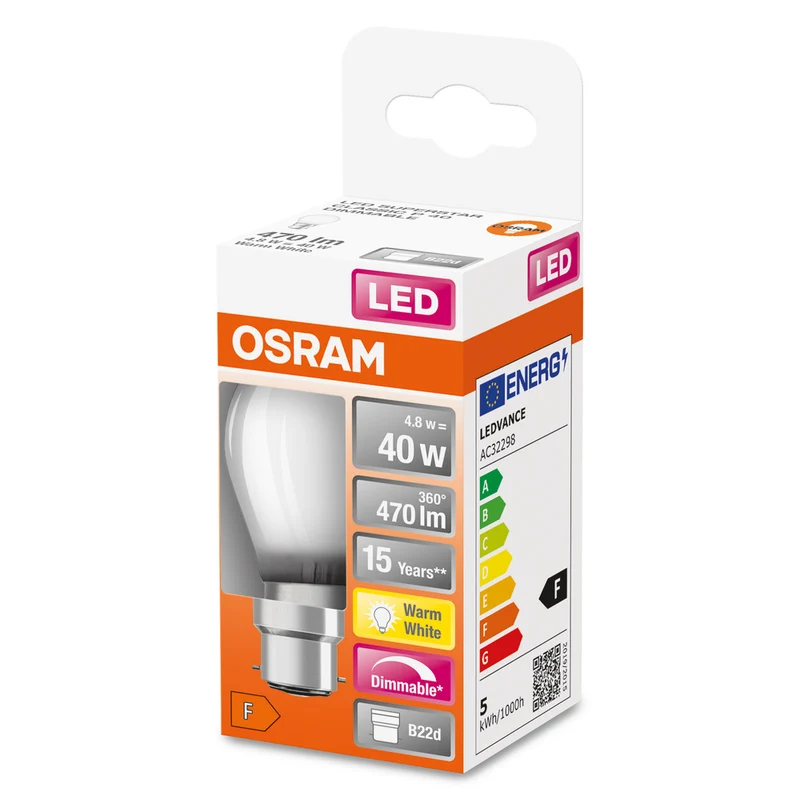 Lámpara LED OSRAM Retrofit CLASSIC P DIM 4,8 W 827 Frosted B22d, 470 lm, 2700 K, Blanco cálido