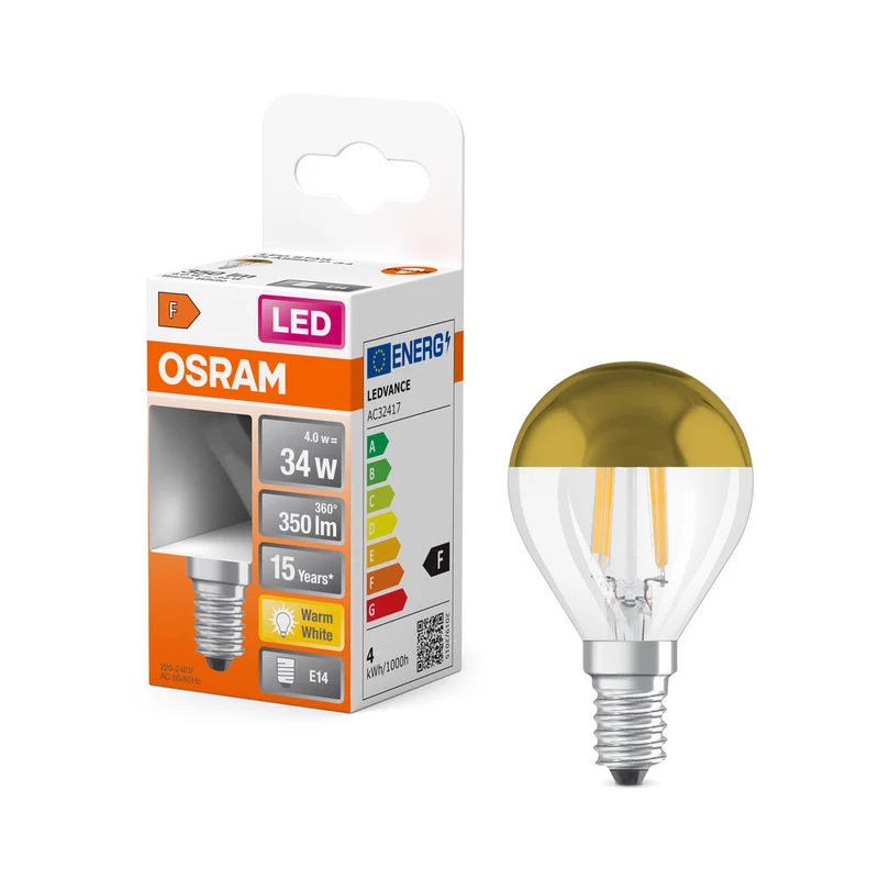 Lámpara LED OSRAM LED Retrofit CLASSIC P Mirror 4W 827 Clear E14, 380 lm, 2700 K, blanco cálido