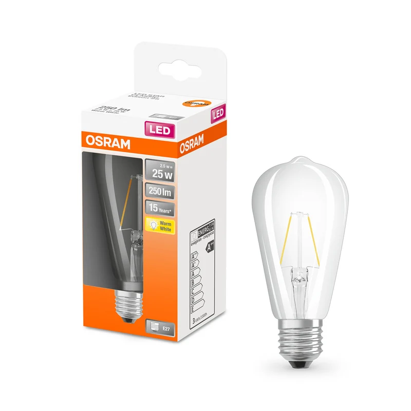 Lámpara LED OSRAM LED Retrofit CLASSIC ST 2,5W 827 Transparente E27, 250 lm, 2700 K, blanco cálido