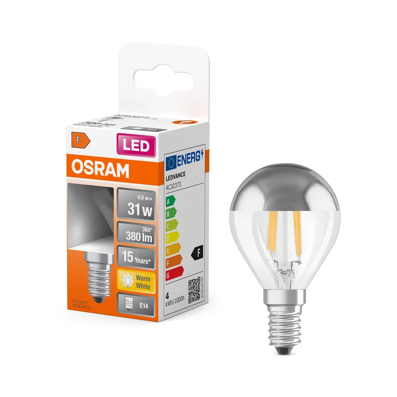 Lámpara LED OSRAM Retrofit CLASSIC P Mirror 4W 827 Plata E14, 350 lm, 2700 K, Blanco cálido