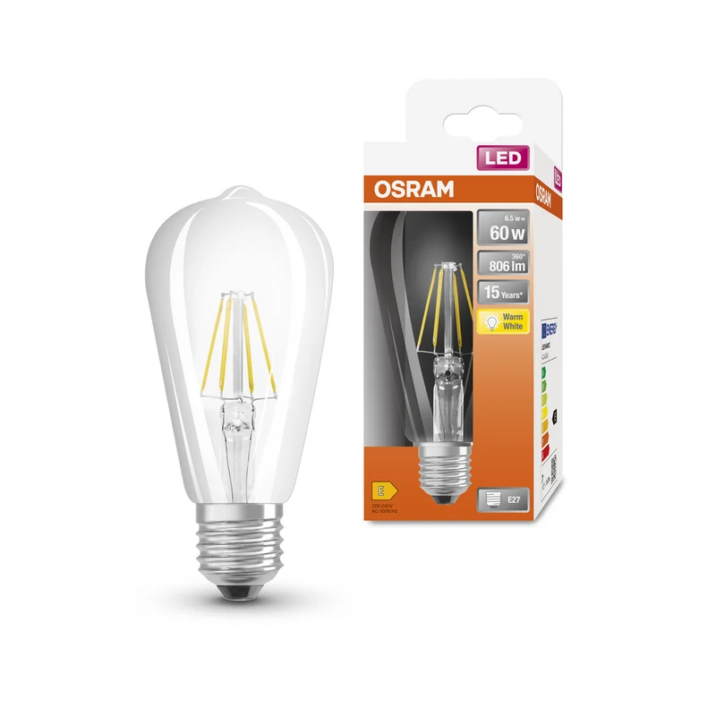 Lámpara LED OSRAM LED Retrofit CLASSIC ST 6,5W 827 Transparente E27, 806 lm, 2700 K, blanco cálido