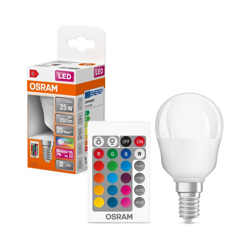 Lámpara LED OSRAM Retrofit RGBW con mando a distancia 4,2 W 827 Frosted E14 P-shape, 250 lm, 2700 K, blanco cálido
