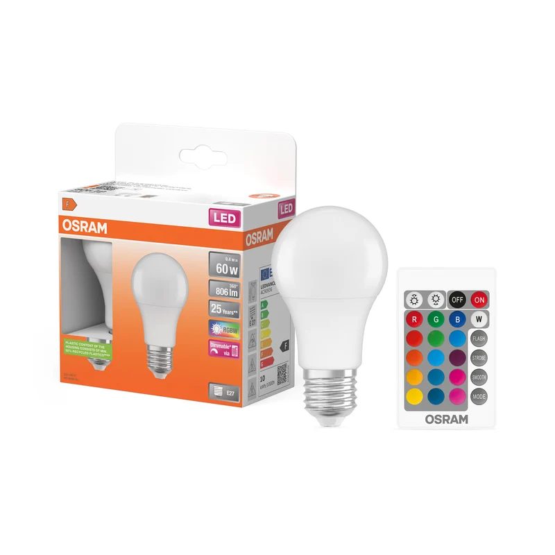 Lámparas LED OSRAM Retrofit RGBW con mando a distancia en forma de A, lámpara LED, mate, 9,4 W, (equivalente a 60 W), 806 lm, blanco cálido, 2700 K, regulable, 25 000 h, CRI 80, mando a distancia, 2 unidades