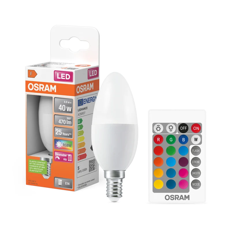 Lámparas LED OSRAM Retrofit RGBW con mando a distancia, forma B, lámpara LED, mate, 4,9 W, (equivalente a 40 W), 470 lm, blanco cálido, 2700 K, regulable, 25 000 h, CRI 80, mando a distancia