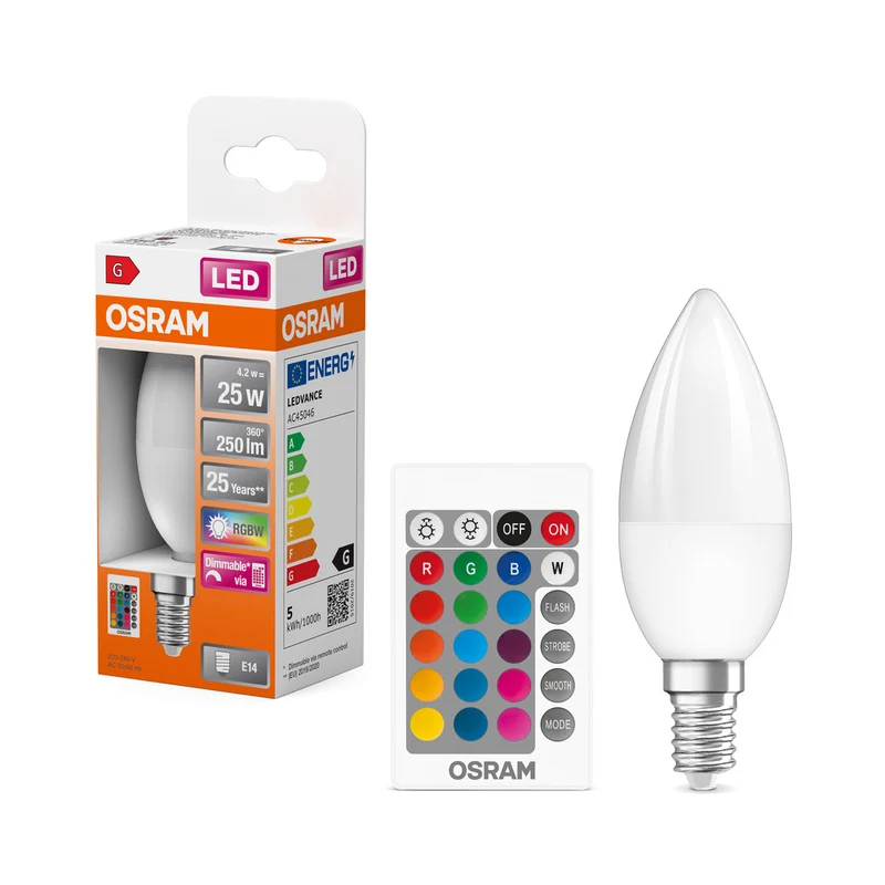 Lámpara LED OSRAM Retrofit RGBW con mando a distancia 4,2 W 827 Frosted E14 B-shape, 250 lm, 2700 K, blanco cálido