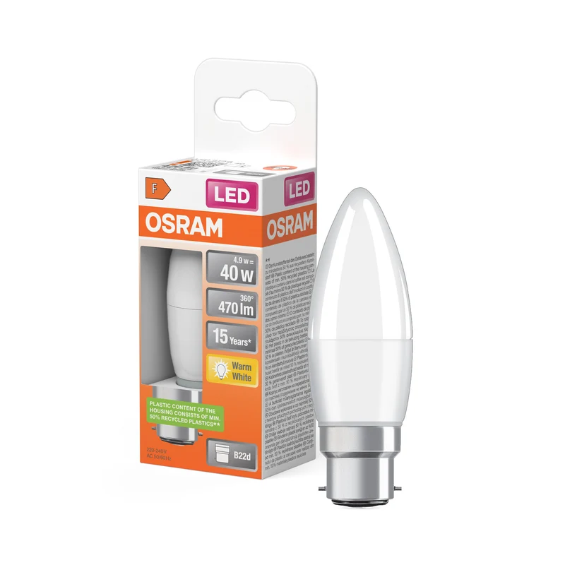 LÁMPARA LED OSRAM PCR CON CASQUILLO CLÁSICO B, lámpara LED, mate, 4,9 W, (equivalente a 40 W), 470 lm, blanco cálido, 2700 K, 15 000 h, CRI ≥80