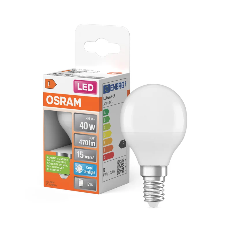 LÁMPARA LED OSRAM PCR CON CLASIC P en forma de P, lámpara LED, mate, 4,9 W, (equivalente a 40 W), 470 lm, blanco frío, 6500 K, 15 000 h, CRI 80
