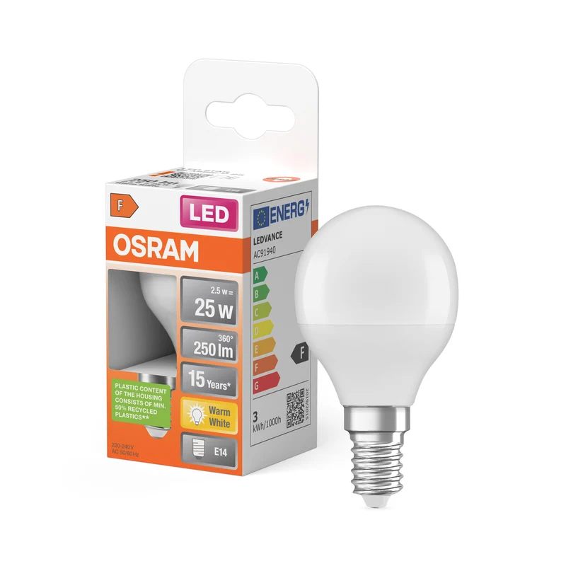 LÁMPARA LED OSRAM PCR CON CLASIC P en forma de P, lámpara LED, mate, 2,5 W, (equivalente a 25 W), 250 lm, blanco cálido, 2700 K, 15 000 h, CRI 80
