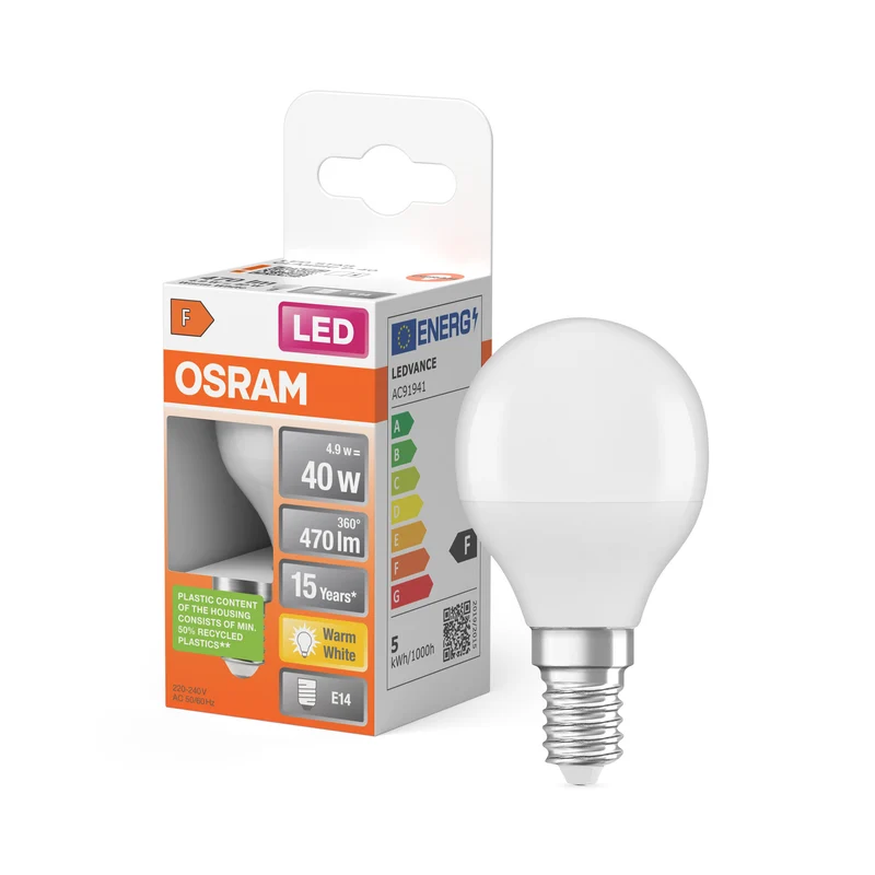 LÁMPARA LED OSRAM PCR CON CLASIC P en forma de P, lámpara LED, mate, 4,9 W, (equivalente a 40 W), 470 lm, blanco cálido, 2700 K, 15 000 h, CRI 80