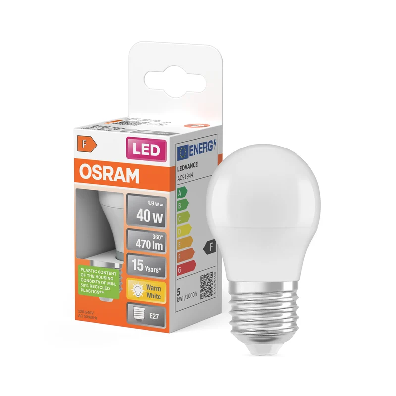 LÁMPARA LED OSRAM PCR CON CLASIC P en forma de P, lámpara LED, mate, 4,9 W, (equivalente a 40 W), 470 lm, blanco cálido, 2700 K, 15 000 h, CRI 80