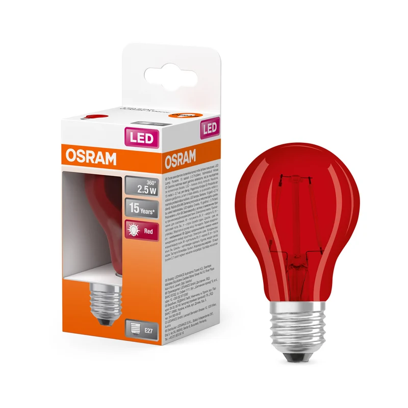 Lámpara LED OSRAM LED STAR DÉCOR CLASSIC A 2,5W 510 Rojo E27, 45 lm, 1000 K, rojo