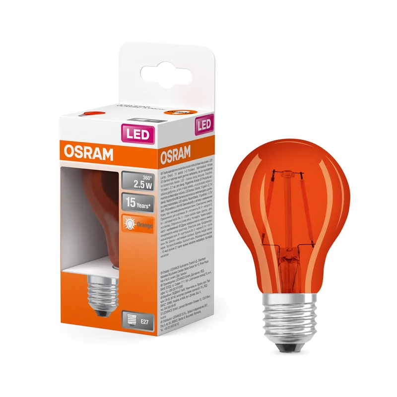 Lámpara LED OSRAM LED STAR DÉCOR CLASSIC A 2,5W 515 Naranja E27, 160 lm, 1500 K, naranja
