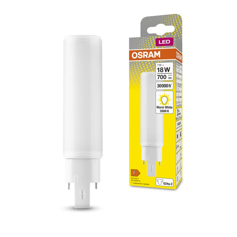 Lámpara LED OSRAM DULUX LED D/E HF y CA 7W 830 G24Q-2, 700 lm, 3000 K, blanco cálido